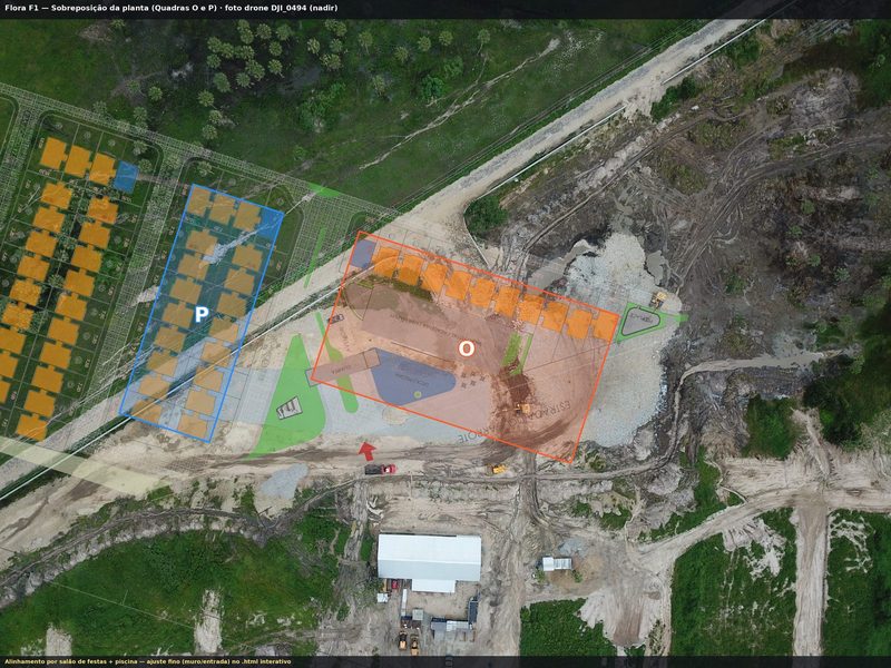 Foto de drone das fundações das quadras O e P, junho de 2026
