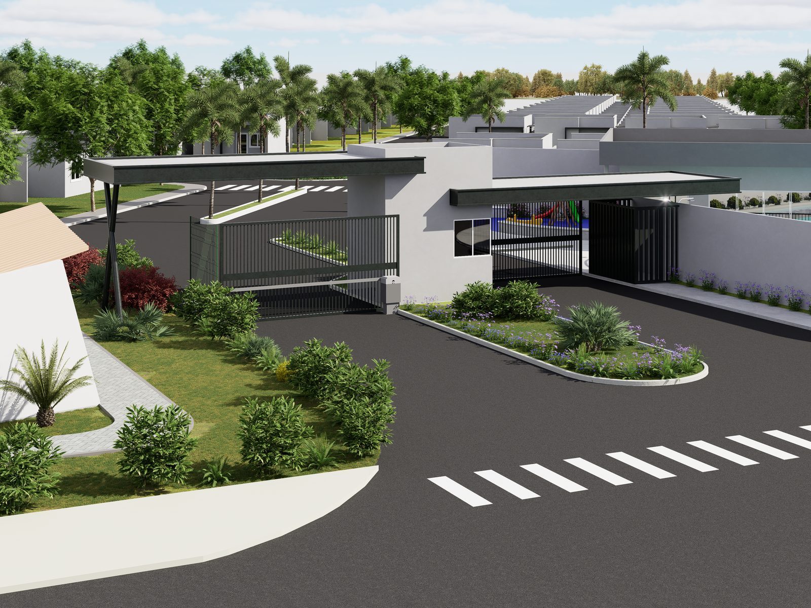 Perspectiva ilustrativa da portaria do Flora Eco Residence